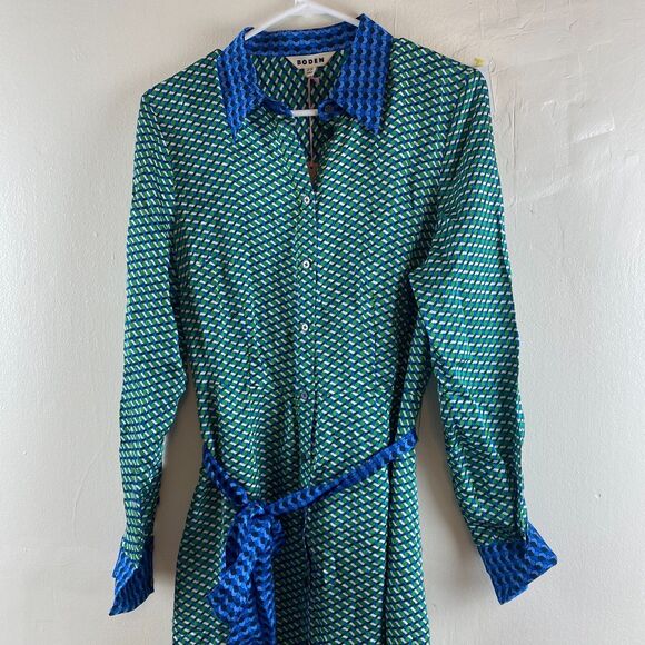 Boden NWT Kate Satin Green Geo Daze Long Sleeve Midi Shirt Dress Size 12 Office - Picture 3 of 16